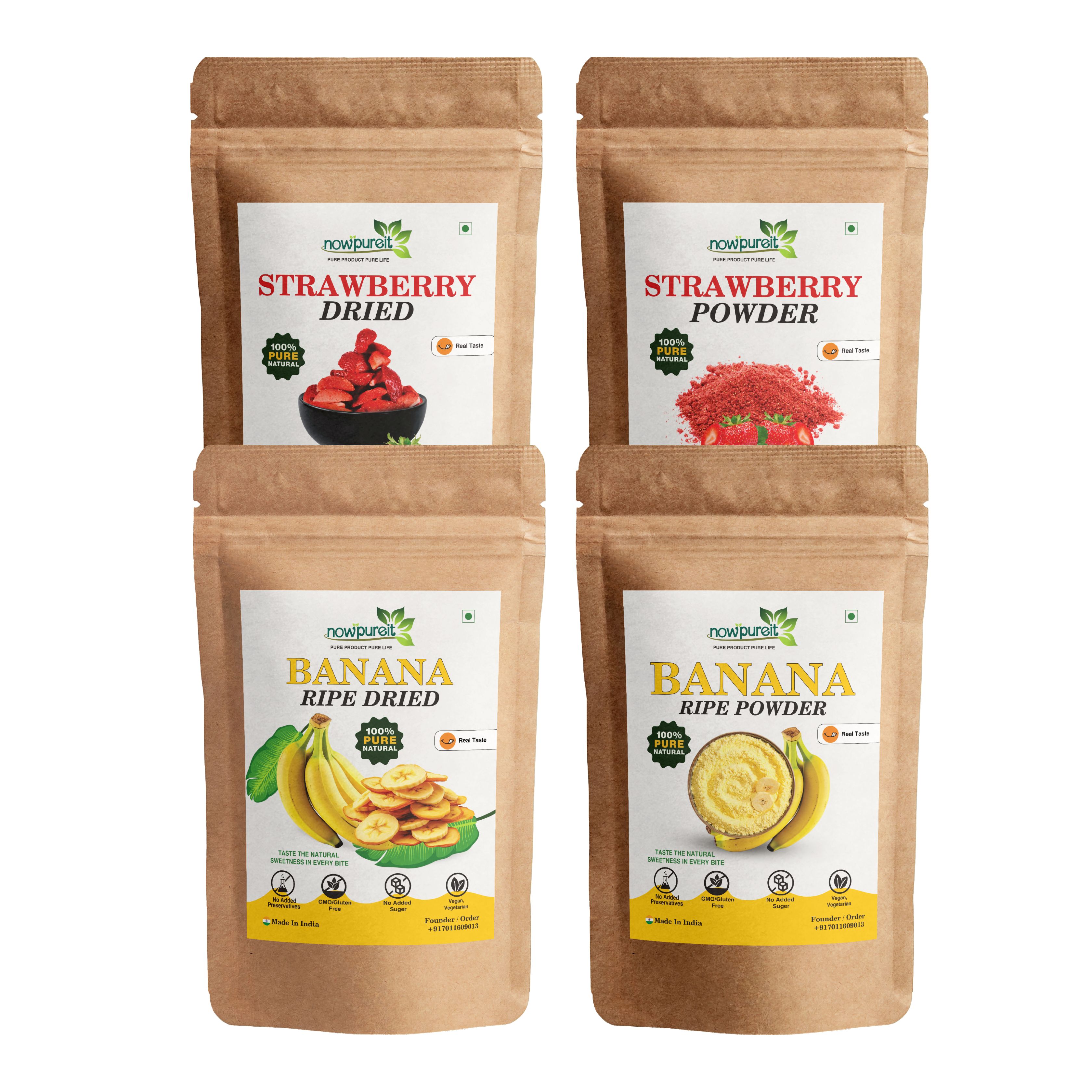 Pure Harvest Banana & Strawberry Fusion Combo [ Ripe Dried Banana | Banana Powder | Dried Strawberries | Strawberry Powder ] 227g / 0.5lb