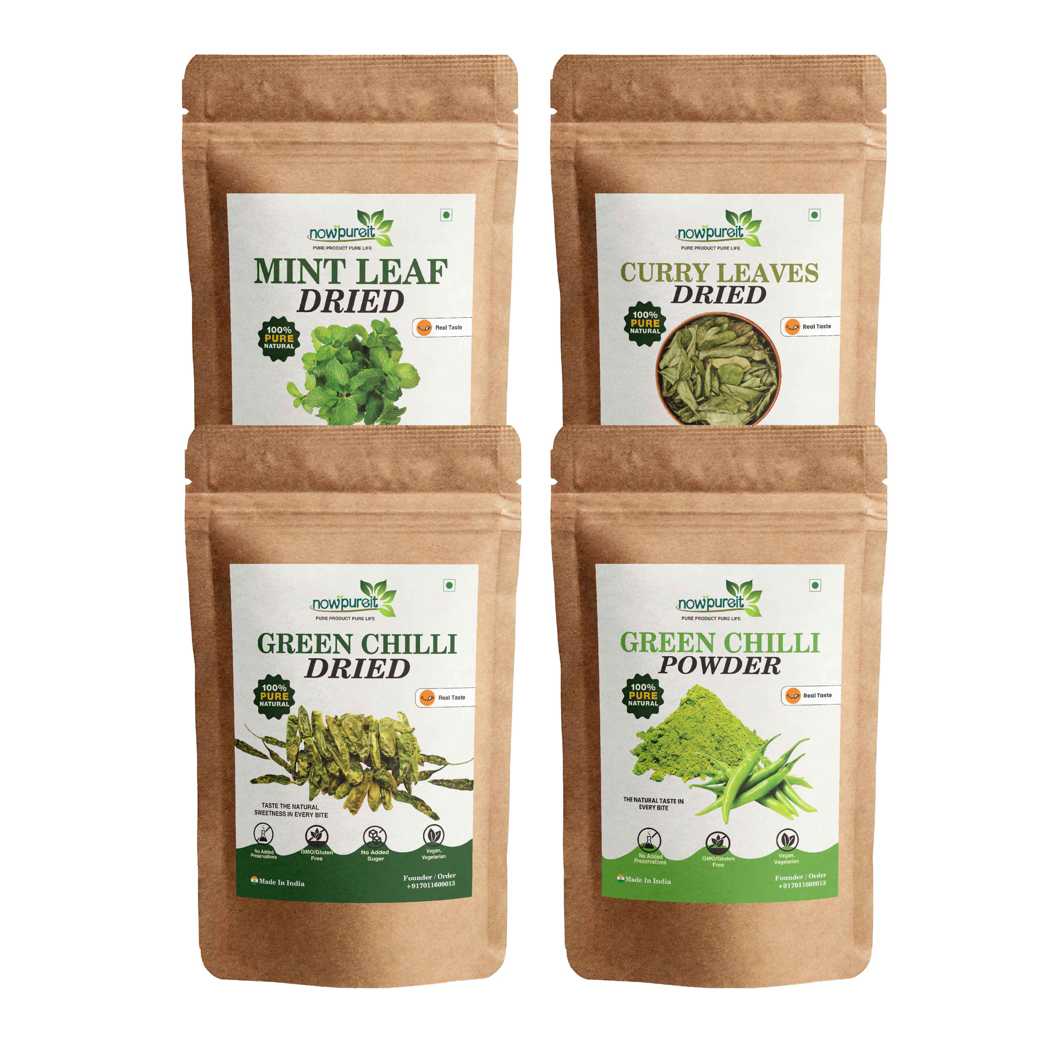 Essential Indian Pantry Culinary Combo [ Dried Mint Leaves | Dried Curry Leaves | Dried Green Chilli Flakes | Green Chilli Powder ] 227g / 0.5lb