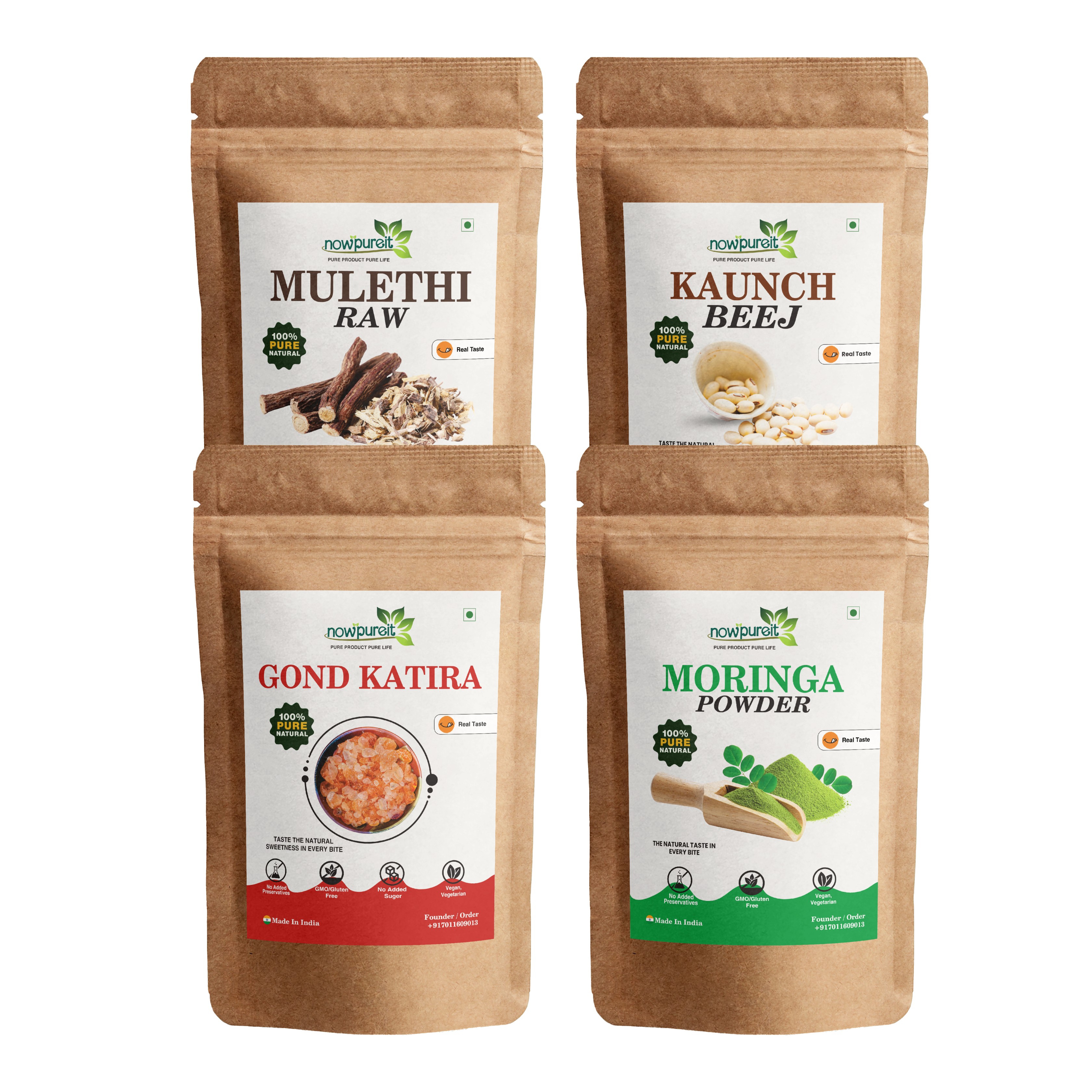 Ayurvedic Vitality & Strength Combo [ Moringa Leaf Powder | Raw Mulethi Root | Konch Beej | Gond Katira ] 227g / 0.5lb